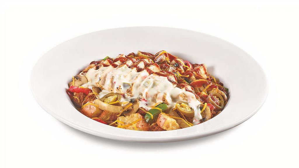 Crazy Spicy Bowl · Chorizo sausage, fire-roasted bell peppers & onions, mushrooms, jalapeños and seasoned red-skinned potatoes. Topped with grilled seasoned chicken breast, Cheddar cheese, a spicy five pepper sauce and Pepper Jack queso.  .