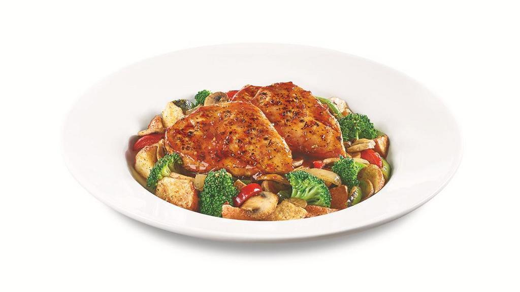 Bourbon Chicken Bowl · Grilled seasoned chicken breasts covered with a bourbon glaze atop seasoned red-skinned potatoes, broccoli, fire-roasted bell peppers & onions and mushrooms.
