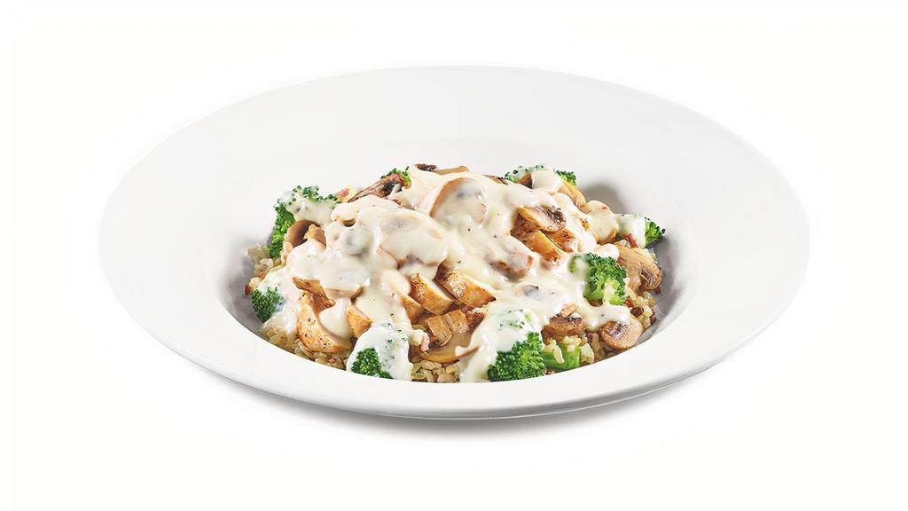 Chicken Addiction Bowl  · A grilled seasoned chicken breast atop whole grain rice and broccoli with grilled mushrooms and creamy Alfredo sauce. Served with dinner bread.