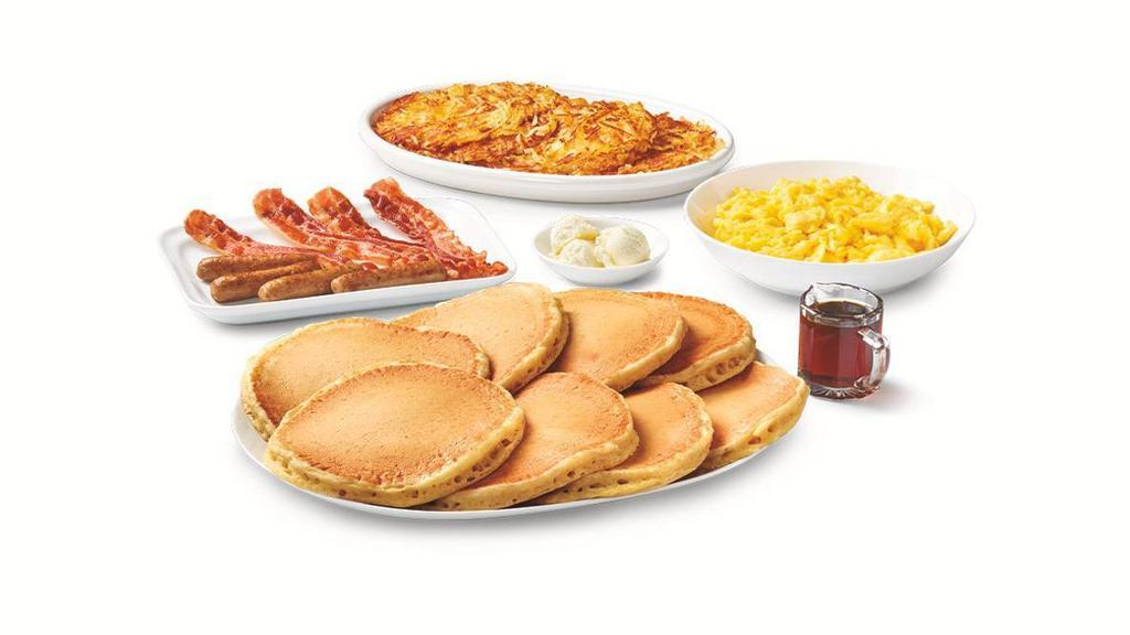Grand Slam® Pack · 8 buttermilk pancakes, 8 scrambled eggs, 4 bacon strips, 4 sausage links and hash browns. Serves 4-5.