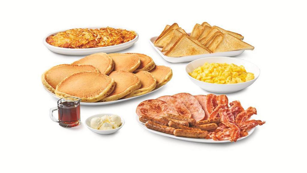 Lumberjack Slam® Pack  · 8 buttermilk pancakes, 8 scrambled eggs, 8 bacon strips, 8 sausage links, 4 grilled ham slices, hash browns and white toast. Serves 4-5.