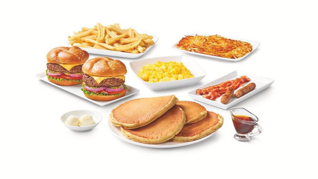  Breakfast And Cheeseburger Combo Pack  · Breakfast: 4 buttermilk pancakes, 4 scrambled eggs, 2 bacon strips, 2 sausage links and hash browns.. Burgers: Start with 2 hand-pressed 100% beef patties with American cheese and build your own custom burger with lettuce, tomatoes, red onions, pickles, mayo, ketchup, mustard and brioche buns with wavy-cut fries on the side.