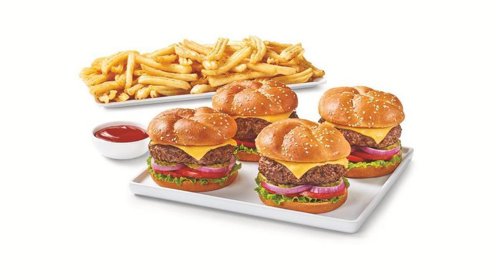 Cheeseburger Pack  · Start with 4 hand-pressed 100% beef patties topped with American cheese and build your own custom burger with lettuce, tomatoes, red onions, pickles, mayo, ketchup, mustard and brioche buns. Served with your choice of side. Serves 4.