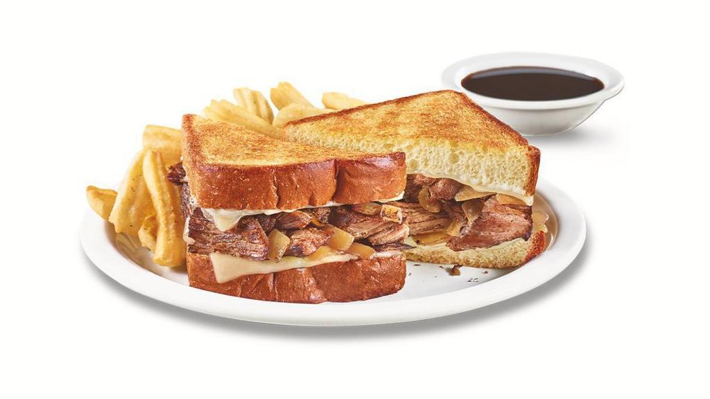 The Big Dipper Melt · Tender pot roast with melted Swiss cheese, caramelized onions and mayo on grilled artisan bread. Served with French onion au jus for dipping. Served with wavy-cut fries.