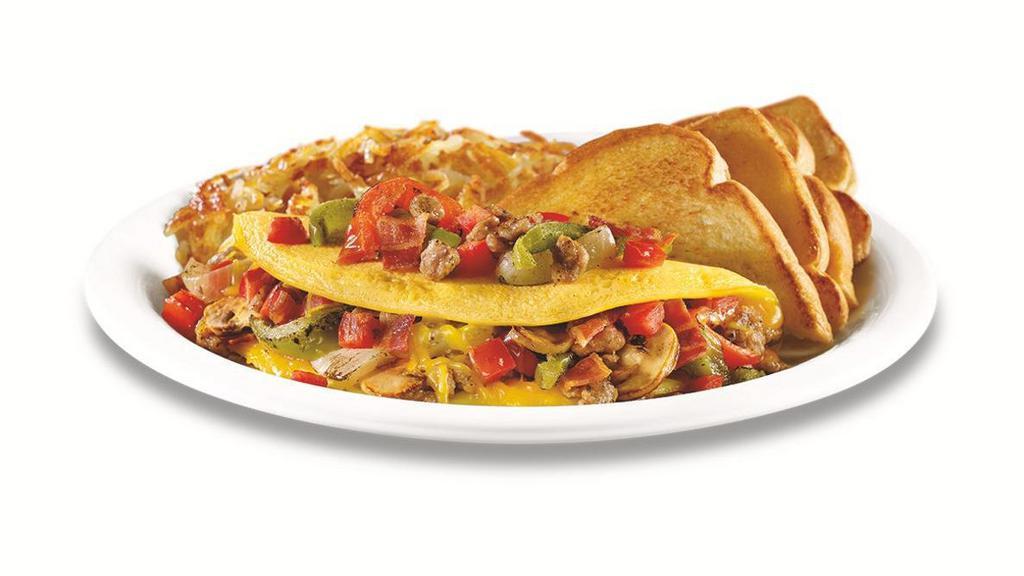 Ultimate Omelette® · Three-egg omelette with sausage, bacon, fire-roasted bell peppers & onions, sautéed mushrooms, tomatoes and cheddar cheese. Served with hash browns and choice of bread.