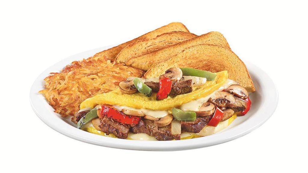 Philly Cheesesteak Omelette · Three-egg omelette with grilled prime rib, fire-roasted bell peppers & onions, sautéed mushrooms and Swiss cheese. Served with hash browns and choice of bread.