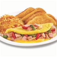 Mile High Denver Omelette  · Three-egg omelette with ham, fire-roasted bell peppers & onions and American cheese. Served ...