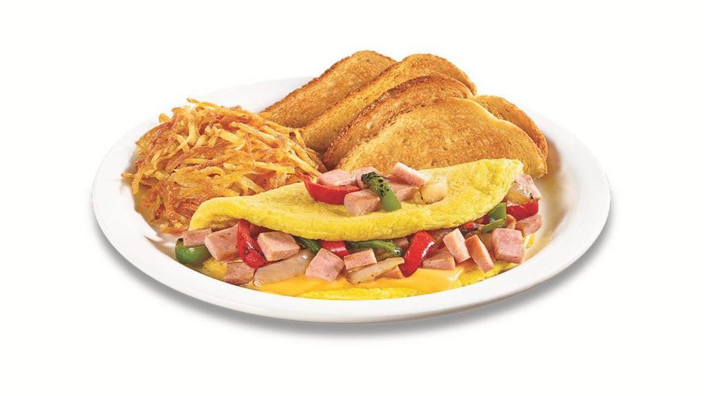 Mile High Denver Omelette  · Three-egg omelette with ham, fire-roasted bell peppers & onions and American cheese. Served with hash browns and choice of bread.