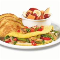 Loaded Veggie Omelette  · Three-egg omelette with fresh spinach, sautéed mushrooms, fire-roasted bell peppers & onions...