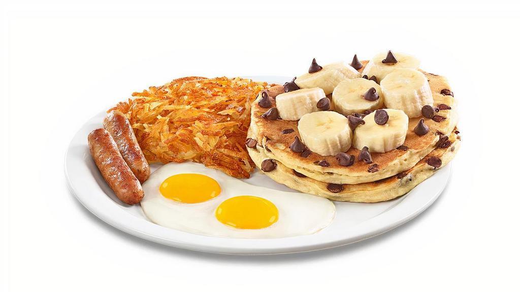 Choconana Pancake Breakfast  · Ghirardelli® chocolate chips cooked inside buttermilk pancakes and topped with bananas and more Ghirardelli® chocolate chips. Served with eggs,* hash browns, plus bacon strips or sausage links.