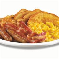 All-American Slam® · Three scrambled eggs with Cheddar cheese, bacon strips, sausage links, hash browns and choic...