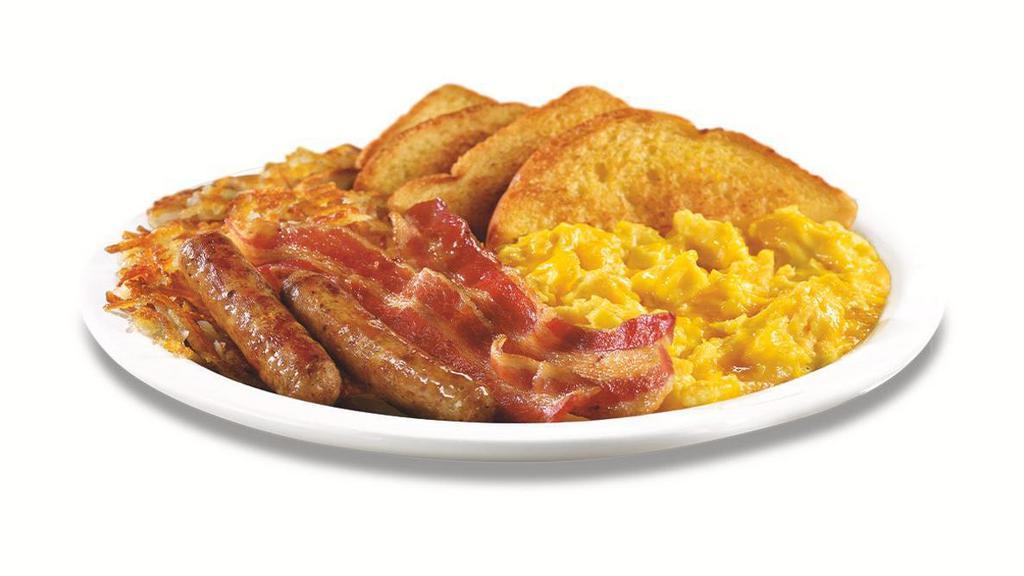 All-American Slam® · Three scrambled eggs with Cheddar cheese, bacon strips, sausage links, hash browns and choice of bread.  .