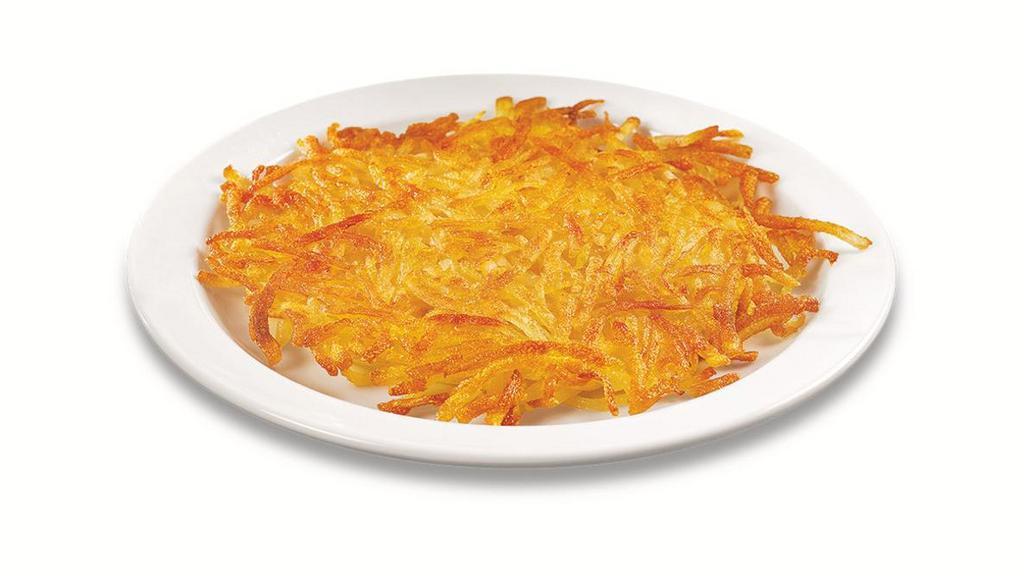 Hash Browns Smothered · Golden hash browns covered and smothered with onions shredded cheddar cheese and topped with country gravy.