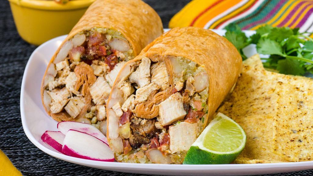 Burritos · Burrito with beans, rice, salsa fresca, and your choice of filling wrapped in a flour tortilla. Served with chips.