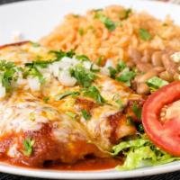Enchiladas · Three corn tortillas stuffed with your choice of filling and topped with either red Chile or...