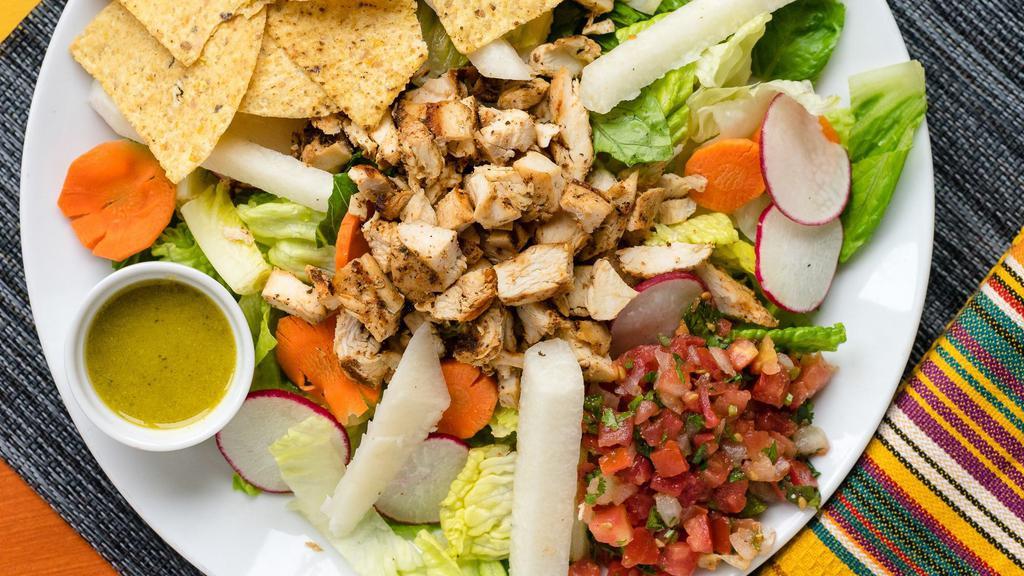 Casa Salad · House salad of chopped romaine, radishes, jicama, carrots, salsa fresca, and chips, with choice of chipotle dressing or citrus vinaigrette.