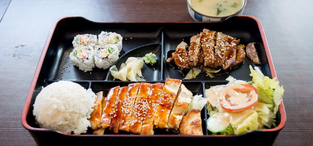 Bento Box · Choose your 3 items. Served with rice, salad and miso soup.