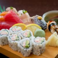 Sushi & Sashimi (14pc) · Tuna (2pc), sake (2pc), CA roll (6pc), hamachi, unagi, albacore and saba.