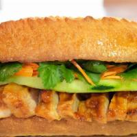F3. BBQ Chicken Sandwich · All include pickled carrots & Dalkon, cucumber, cilantro, jalapenos and mayo on a fresh bagu...