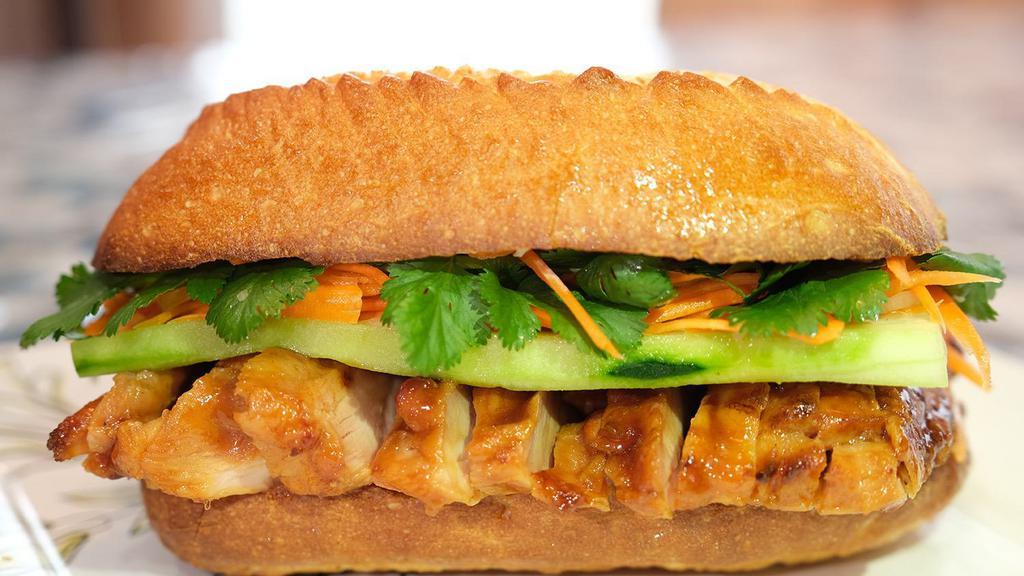 F3. BBQ Chicken Sandwich · All include pickled carrots & Dalkon, cucumber, cilantro, jalapenos and mayo on a fresh baguette
