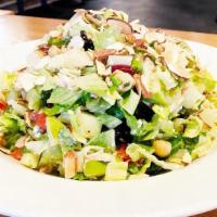 CHOPPED CHICKEN SALAD · Romaine lettuce, grilled chicken, granny smith apples, hearts of palm, dried cherries, kidne...