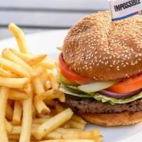 IMPOSSIBLE BURGER (VEGETARIAN) · Patty made entirely from plants, with lettuce, tomato, onion and pickle