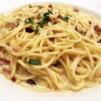 SPAGHETTI CARBONARA · pancetta (italian bacon), onion, garlic, white wine, cream. asiago cheese