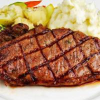 10 OZ NEW YORK STEAK · 10 oz all-natural, angus NY Steak with choice of two sides.