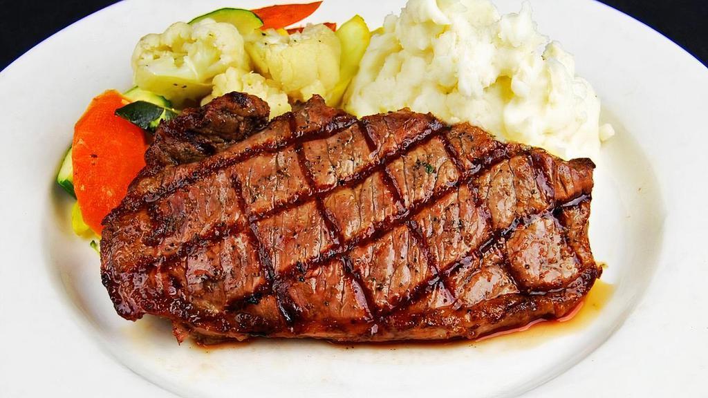 10 OZ NEW YORK STEAK · 10 oz all-natural, angus NY Steak with choice of two sides.