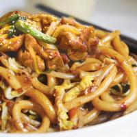 Chicken Teriyaki Udon · teriyaki stir-fry udon with chicken and bean sprouts topping