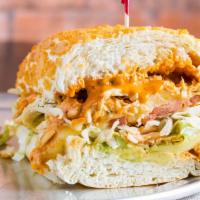 Chicken Chipotle · Hot chicken, pepper jack and avocado with chipotle mayo, spicy ranch, shredded lettuce, toma...