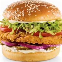 Crispy Chicken Sandwich · Crispy chicken breast, pickles, red onions, lettuce, tomatoes and mayo on a sesame bun.