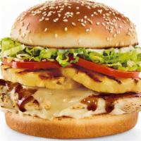 Teriyaki Chicken Sandwich · Grilled chicken breast, teriyaki, grilled pineapple, Swiss, lettuce, tomatoes and mayo on a ...