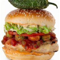 The Kickin' Sandwich · A grilled chicken breast topped with fried jalapeños, fresh salsa, Pepper-Jack cheese, lettu...