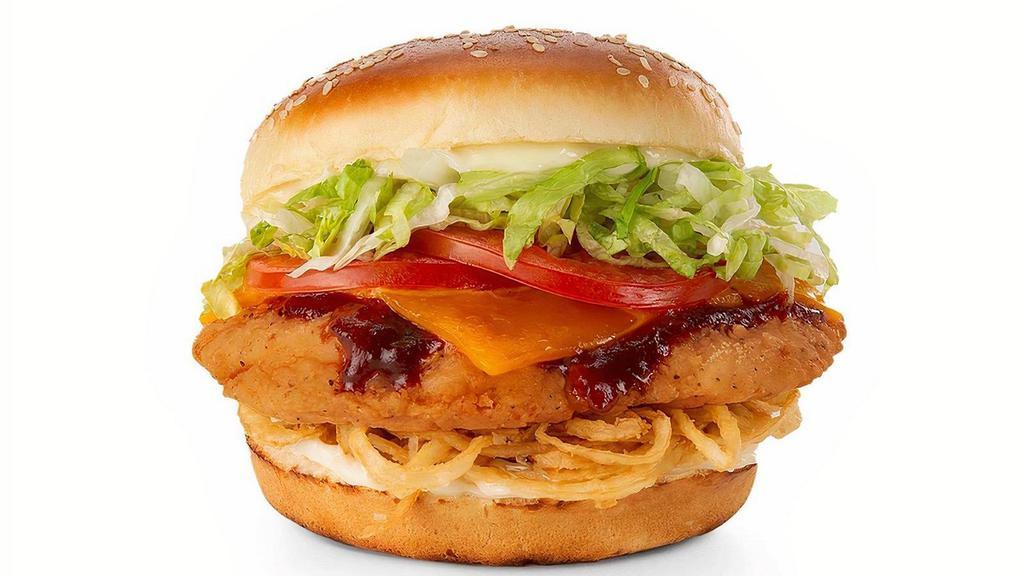 Crispy Bbq Chicken Sandwich · A crispy chicken breast topped with tangy BBQ Sauce, Cheddar cheese, crispy onion straws, lettuce, tomatoes and mayo.