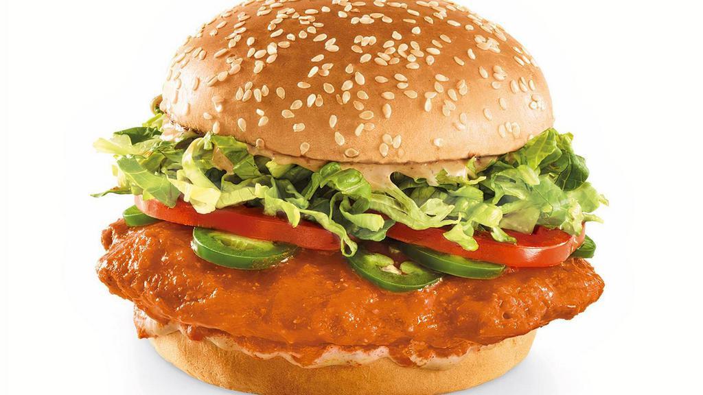 Buffalo Crispy Chicken Sandwich · Crispy chicken breast tossed in buffalo Sauce, topped with fresh jalapeño slices, lettuce, tomato and chipotle aioli on a sesame seed bun.. While supplies last.
