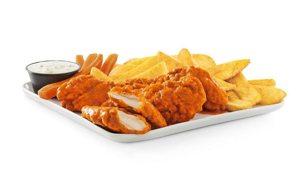 Crispy Buffalo Chicken Tenders & Fries · Breaded and golden-fried chicken tenders tossed in our signature buffalo sauce, served with steak fries and Bleu cheese.
