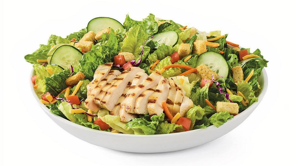Grilled Chicken Salad · Grilled chicken breast, Cheddar, tomatoes, croutons and cucumbers on mixed greens. Served with choice of dressing.