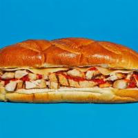 Pizza Chicken Cheesesteak · Sliced chicken with melted provolone and mozzarella, and marinara on a hoagie roll.