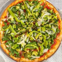 The Green (Vegan Pizza) · No cheese. Spinach, broccoli, bell peppers, onions, and garlic.