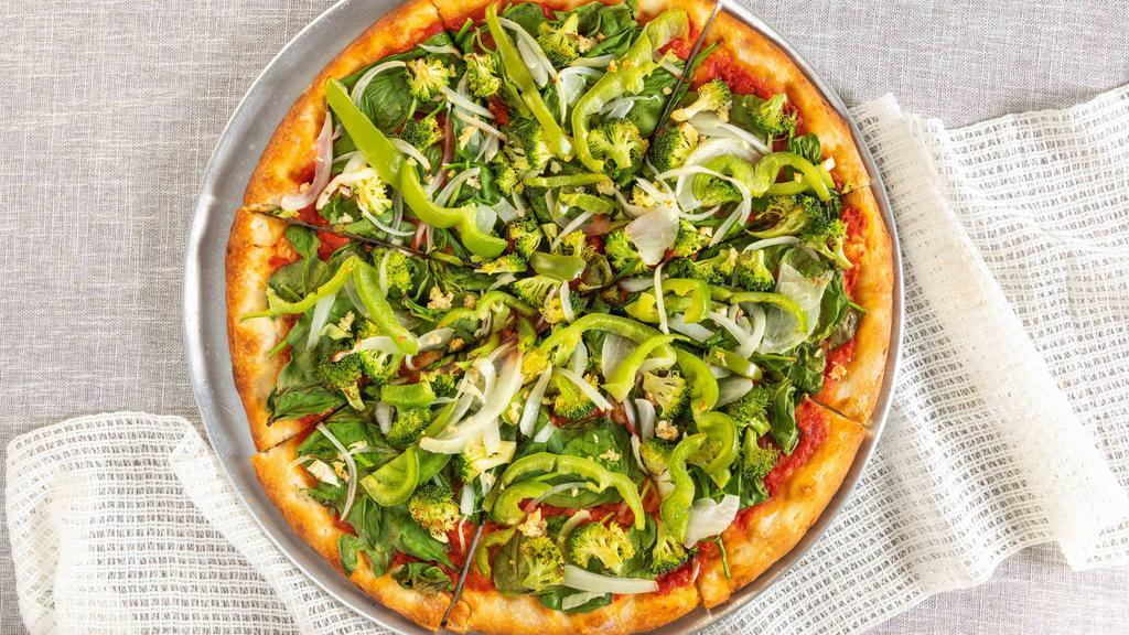 The Green (Vegan Pizza) · No cheese. Spinach, broccoli, bell peppers, onions, and garlic.