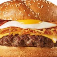 Wake & Bacon Burger · A 100% beef burger with hash browns, an egg*, bacon and American cheese on a brioche bun. .