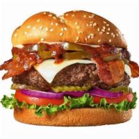 Feel The Burn Burger · A 100% beef burger with Cheddar cheese, bacon, jalapeños, 5-pepper sauce, mayo, lettuce, tom...