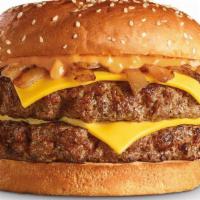 Double The Fun Burger · Two 100% beef burgers topped with American cheese, caramelized onions and All-American sauce...