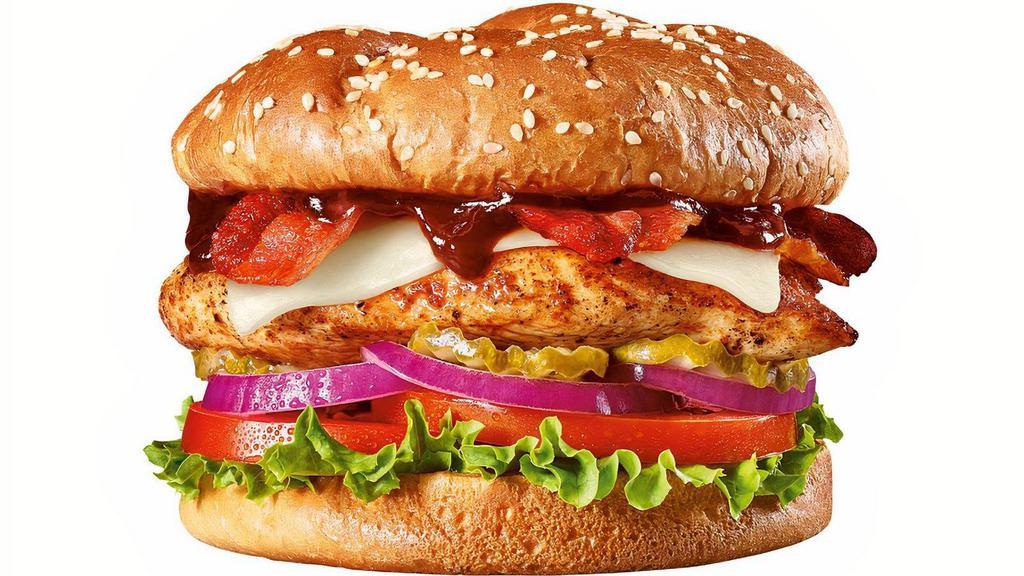 Raid The Roost Chicken Burger  · A seasoned grilled chicken breast with White Cheddar cheese, bacon, BBQ sauce, lettuce, tomato, red onions and pickles on a brioche bun..