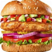 Baja Beach Chicken Burger · A seasoned grilled chicken breast with avocado, pico de gallo, lettuce, tomato, red onions a...