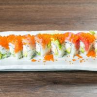 21. Rainbow Roll · Raw. California roll topped with tuna, salmon, hamachi, white fish, tobiko.