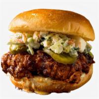 Nashville Hot Fried Chicken Sandwich · Buttermilk fried chicken sandwich with pickles, coleslaw and house spicy sauce. Served with ...