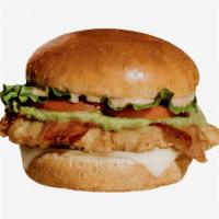 Fried Chicken Bacon Sandwich · Buttermilk fried chicken sandwich with bacon, cheddar cheese, avocado, chipotle mayo, carame...