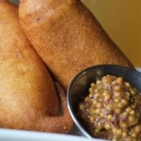 Housemade Corn Dogs · (2) All Beef Hot Dogs, House Batter, Beer Mustard